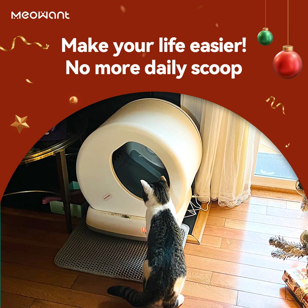 MeoWant self-cleaning litter box with a cat in a home